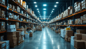 A photograph of a busy warehouse filled with boxes of commercial sign lights