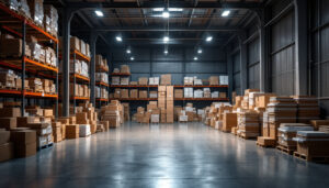 A photograph of a bustling warehouse filled with stacks of wafer lighting products