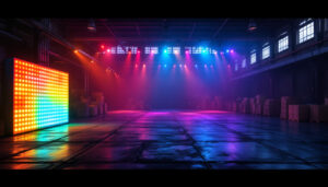 A photograph of a vibrant display of rgb and rgbw lights in a warehouse setting