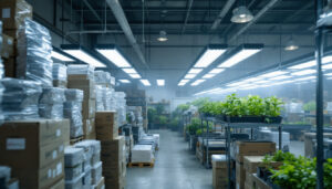 A photograph of a well-organized warehouse filled with various types of grow lights