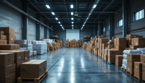 A photograph of a well-organized warehouse filled with boxes of uv disinfecting lights and air purifiers