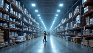 A photograph of a warehouse filled with high bay lighting fixtures