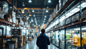 A photograph of a bustling warehouse filled with various refrigeration lighting options