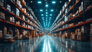 A photograph of a bustling warehouse filled with stadium lights