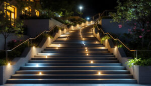 A photograph of a well-lit outdoor stairway showcasing stylish lighting fixtures