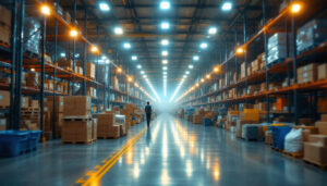 A photograph of a bustling warehouse or distribution center filled with canopy lights