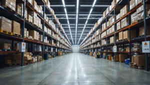 A photograph of a warehouse filled with outdoor linear light fixtures