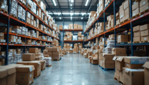 A photograph of a warehouse filled with boxes of vapor tight lighting fixtures