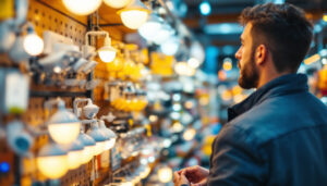 A photograph of a person examining a variety of security and motion sensor lights in a brightly lit retail store