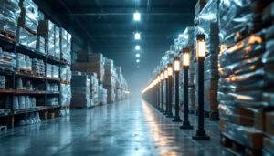 A photograph of a warehouse filled with stacks of bollard lights