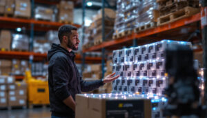 A photograph of a person examining a large stack of solar-powered led lights in a warehouse setting