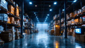 A photograph of a bustling warehouse filled with outdoor sign lights