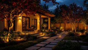 A photograph of a dimly lit outdoor space featuring poorly installed landscape lighting