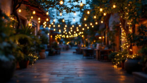 A photograph of a vibrant outdoor setting illuminated by beautifully arranged string lights