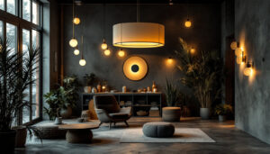 A photograph of a dimly lit interior space featuring a striking architectural cylinder light fixture