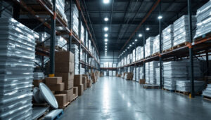 A photograph of a warehouse filled with stacked low bay lighting fixtures