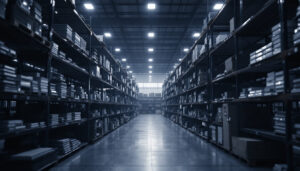 A photograph of a warehouse filled with bulk architectural grid mount lights