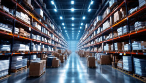 A photograph of a bustling warehouse filled with architectural square linear lights