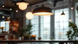 A photograph of a stylish architectural round pendant light hanging in an elegant interior setting