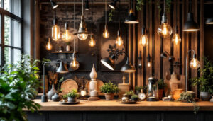 A photograph of a stylishly arranged display of architectural gooseneck and barn lights in a well-lit