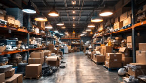 A photograph of a cluttered warehouse filled with various shop lights