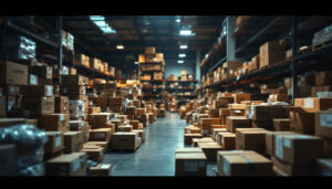 A photograph of a cluttered warehouse filled with boxes of led tape lights