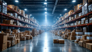 A photograph of a cluttered warehouse filled with boxes of led corn lights