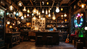 A photograph of a cluttered vintage lighting store with an array of colorful led bulbs on display