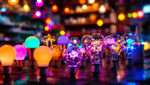 A photograph of a visually striking display of decorative led bulbs in various styles and colors