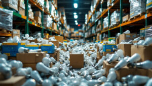 A photograph of a cluttered warehouse filled with fluorescent light bulbs