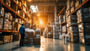 A photograph of a warehouse filled with stacks of metal halide lamps