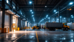 A photograph of a warehouse loading dock illuminated by bright