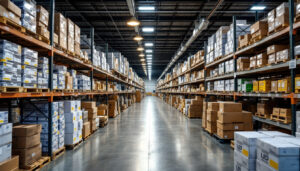 A photograph of a well-organized warehouse filled with led retrofit kits