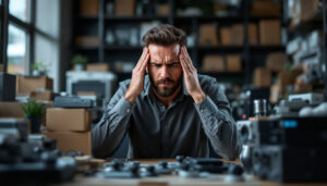 A photograph of a frustrated business owner surrounded by stacks of bluetooth control systems