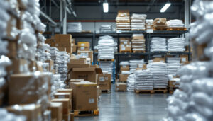 A photograph of a warehouse filled with stacks of emergency ballast products