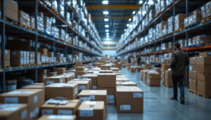 A photograph of a busy warehouse filled with boxes of ballasts and drivers