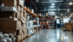 A photograph of a bustling warehouse filled with various electrical supplies and mounting kits