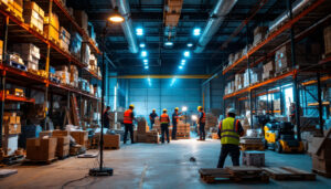 A photograph of a construction site illuminated by bright