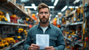 A photograph of a frustrated contractor standing in a cluttered local hardware store