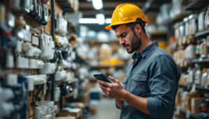 A photograph of a frustrated electrician standing in a cluttered local hardware store