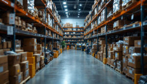 A photograph of a warehouse filled with neatly organized electrical power cords