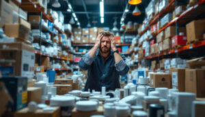 A photograph of a frustrated consumer surrounded by an overwhelming array of smart home devices in a cluttered local store