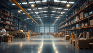 A photograph of a bustling warehouse or industrial setting showcasing a high bay area with various occupancy sensors installed