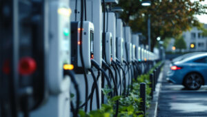 A photograph of a busy electric vehicle charging station with multiple chargers in use