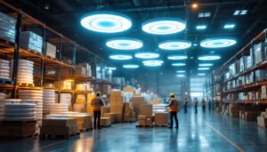 A photograph of a bustling warehouse or distribution center showcasing stacks of round ufo high bay lights