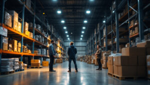 A photograph of a warehouse filled with high bay lights