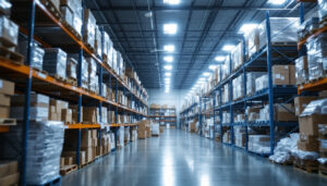 A photograph of a warehouse filled with high bay lighting fixtures