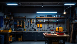 A photograph of a well-lit workshop or garage featuring a sleek led shop light illuminating the workspace