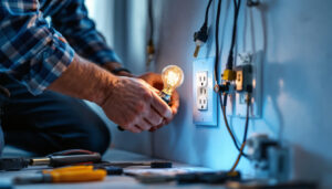 A photograph of a lighting contractor installing or inspecting various types of electrical receptacles in a residential or commercial setting