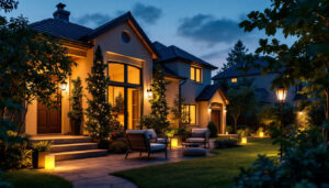 A photograph of a beautifully illuminated outdoor space featuring various styles of house lights